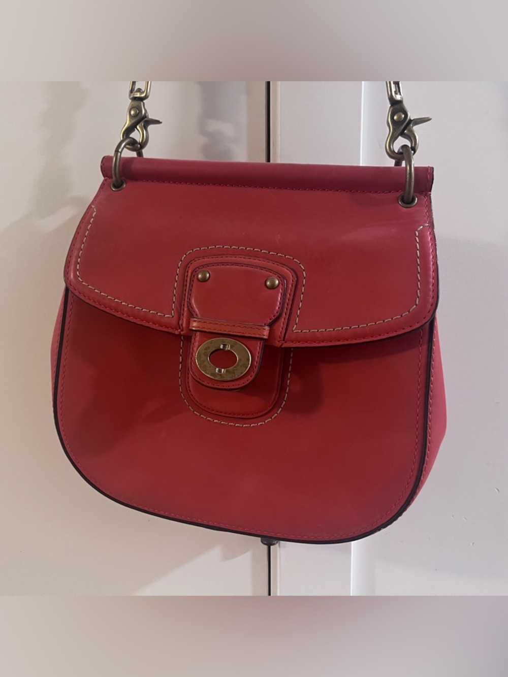 Coach Red Leather Shoulder Bag with Turn-Lock Detail